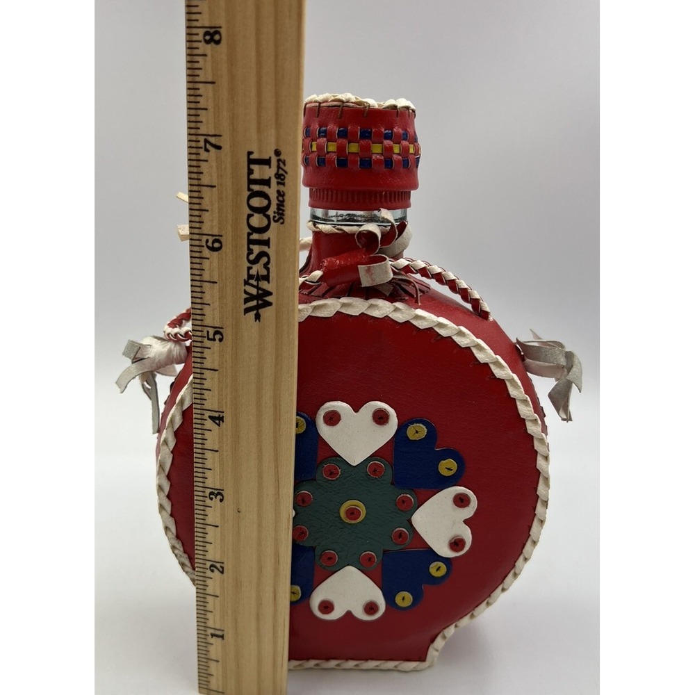 Vintage Leather Wrapped Decanter Bottle Hearts Red Folk Art Braid Art - Picture 9 of 11